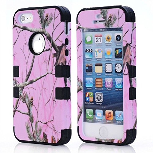 Phone Case for iPhone 5s 5,Trade A Luxury Triple Layer Hybrid Tree Pattern Camo Hybrid Hard Stand Case Cover for iPhone5 5s 5G with Free Screen Protector and Stylus(Black&Pink)