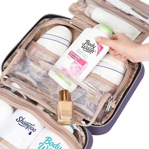 Image of NISHEL Travel Toiletry Bag for women, Portable Hanging Organizer for Family-Sized Shampoo, Conditioner, Brushes Set, Makeup Accessories, Extra Large Size, Purple