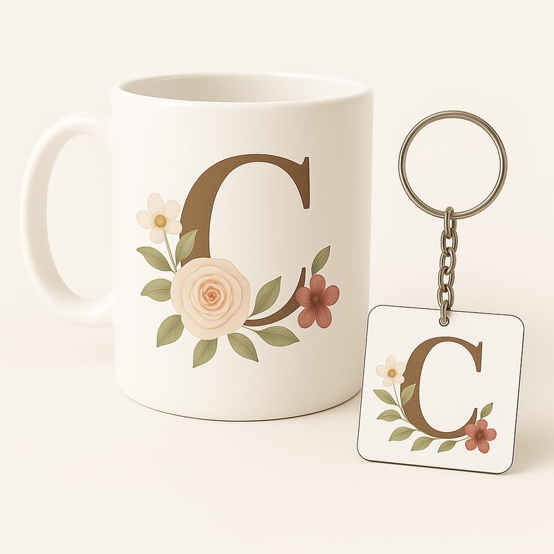 Image of Letter C Mug and Keychain Set - Elegant Floral Monogram Gift for Her /Him - Coffee Cup and Key Ring with Initial C - Coffee Mug for Everyone Any Occasion 4646 3