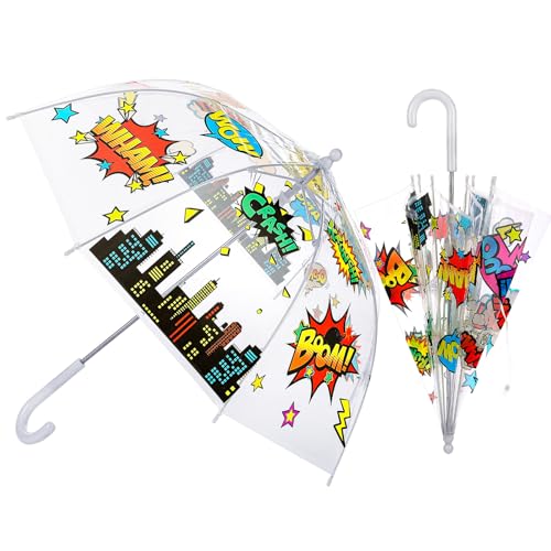 Bulyoou Kids Umbrella for Boys Girls Hero Clear Bubble Umbrellas with an Easy Grip Curved Handle Transparent Dome Safety Windproof for Hero Party Favors Birthday Rewards Supplies