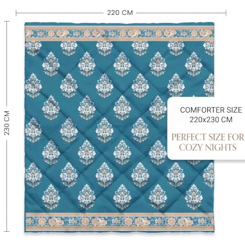 Image of SANMARINO 220 GSM Cotton Comforter for Double Bed | Premium Jaipuri Printed Reversible Quilt | Ultra Soft Lightweight All Season Blanket | Breathable, Skin Friendly - 220 x 230 cm,Peacock Blue