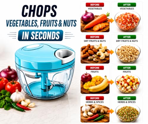 Image of ‎Manual Vegetable Chopper 500ml with 3 Stainless Steel Blades, Kitchen Dori Handy Mini Compact Chopper, Pull Cord Food Chopper for Onion, Tomato, Garlic & Veggies | BPA Free, Easy to Clean