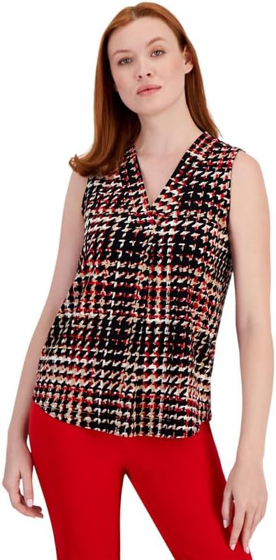 Anne Klein Women's Printed Sleeveless V-Neck Shell Top (Anne Black Multi, Small)