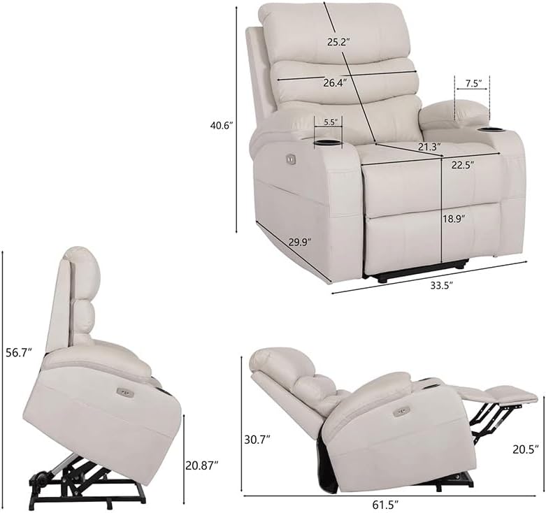 White PU Leather Electric Lift Recliner Chair Elderly with Massage and Heat Comfort Rocker Recliner Sofa with Cup Holders USB Port Pockets for Living Room