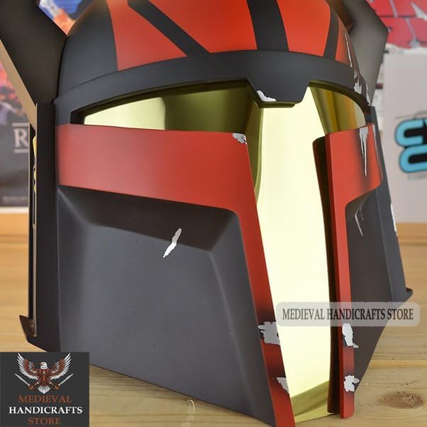 Medieval Mandalorian Gar Saxon Helmet Cosplay Props Replica Adult Halloween Costume Accessory, 8X9X26 Inches, Black & Red, US303