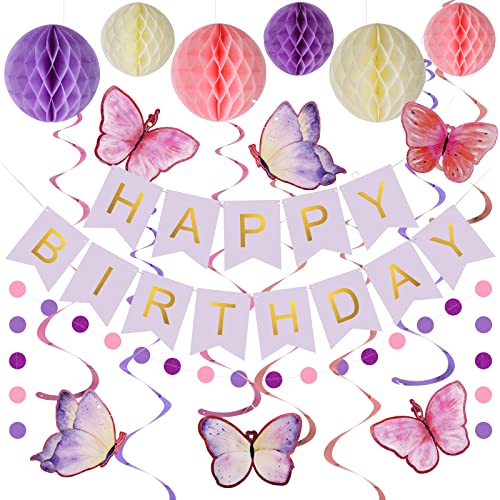 meowtastic Birthday Decorations, Happy Birthday Banner with Honeycomb Balls, Butterfly Hanging Swirl Streamers, Circle Dots Garland, Happy Birthday Party Decorations for Women Men Boys Girls (Purple)