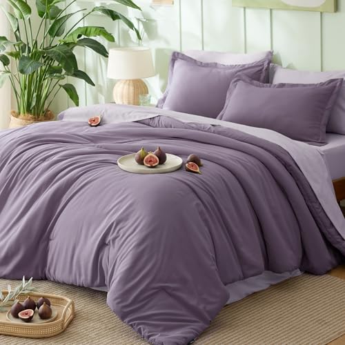 Image of Bedsure King Size Comforter Set - 7 Pieces Grayish Purple King Bedding Set for All Seasons, Boho Contrasting Design Bed in a Bag with Comforter, Sheets, Pillowcases & Shams
