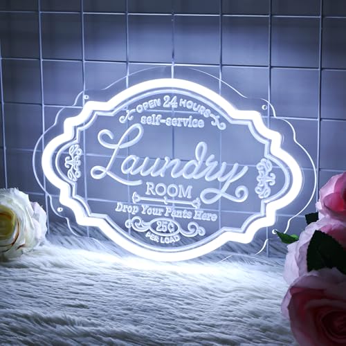 Image of The Laundry Room Neon Sign, USB Powered Laundry Room LED Neon Light, Dimmable Light Up Laundry Sign Acrylic Wall Decor Hanging Door For Home Business Laundry room, Bathroom, Farmhouse Decoration