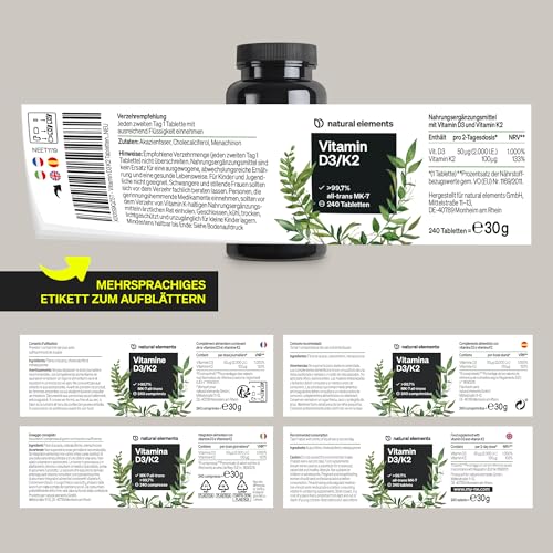 natural elements Vitamin D3 + K2 – > 99,7% all-trans MK-7 & 2000 IE Vitamin D3 – 240 Tabletten – hochdosiert, optimal bioverfügbar – ohne unnötige Zusätze – in Deutschland produziert 6