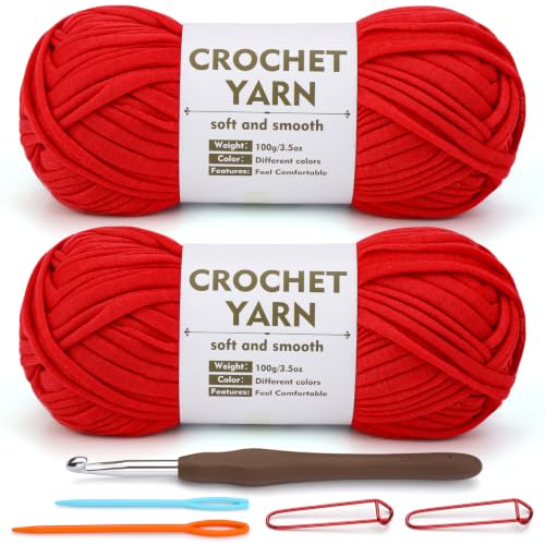 Image of SHWAKK 2 Pack T-Shirt Yarn Set,Red Crochet Yarn for Knitting & Crochet