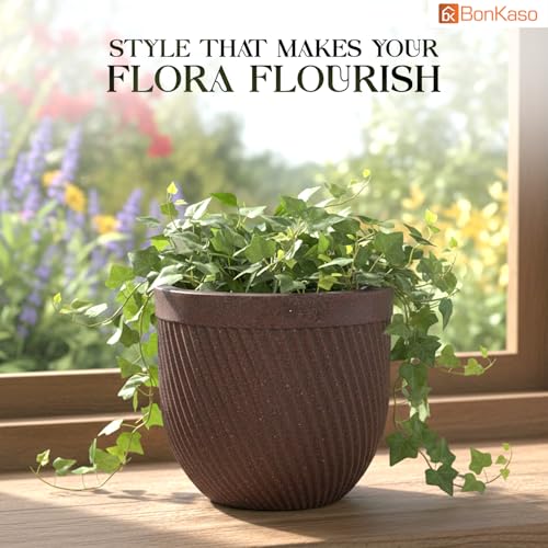 Image of Bonkaso 10 Inch Seltos Ribbed Planter for Indoor & Outdoor Use | Round Heavy Duty Polymer Flower Pot | Lightweight Weather Resistant Modern Gamla for Living Room Balcony & Terrace (Brown)