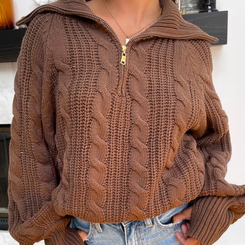 Women Quarter Zip Sweaters Chunky Knit Pullover Sweater Long Sleeve Warm Fashion V Neck Oversized Knitted Top4