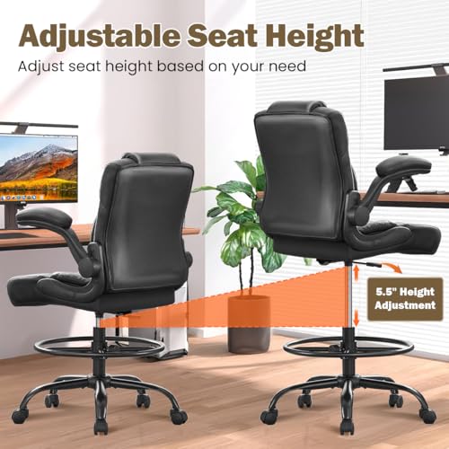 Image of Ergonomic Drafting Chair,Tall Office Chair for Standing Desk with Flip-Up Armrests,Adjustable Foot Ring & Height, High Leather Executive Office Chair for Home,Drawing or Counter Height Use
