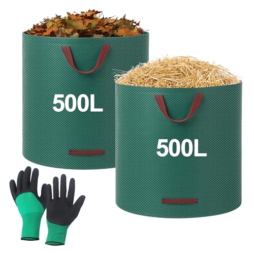 2 Stück Gartenabfallbeutel, Laubsack 500 L, Robuste Gartenabfallsack, mit Paar Handschuhen, Wiederverwendbar, Gartensäcke mit Trageschlaufen, Ideal zum Sammeln von Blättern, Müll