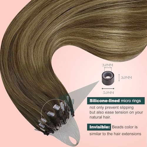 Image of Easyouth Micro Ring Hair Extensions Human Hair Balayage, Long Straight Hair