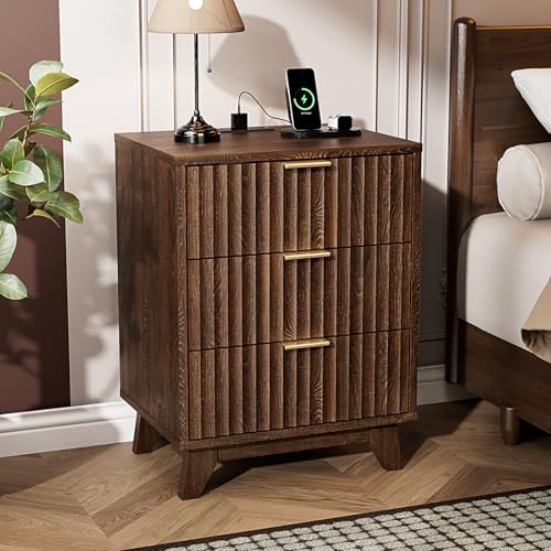 Image of VINGLI Walnut Nightstands Set of 2 with Charging Station, Fluted Nightstand 3 Drawer Night Stand, Mid Century Modern Night Stand for Bedroom, Fluted Bedside Table /End Table /Side Table, 2 pcs