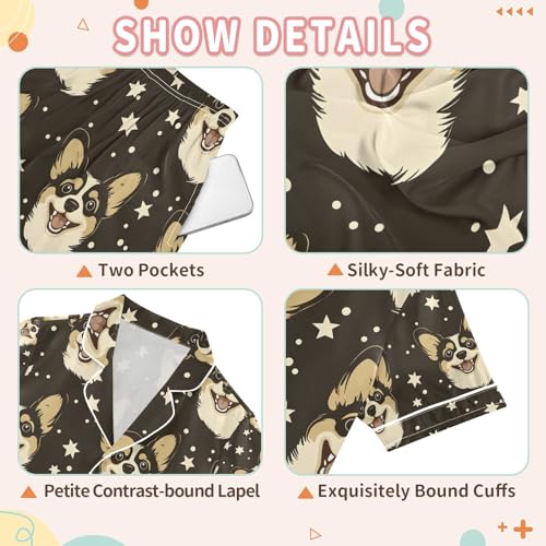 senya Starry Corgi Face Night Satin Summer Pajama Sets Silk Short Sleeve Button Down Sleepwear3