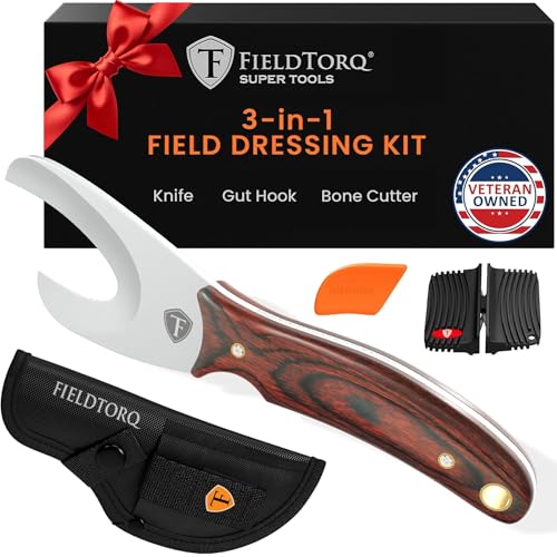 FieldTorq Field Dressing Kit | 3-in-1 Super Tool with Sheath & Sharpener | Skinning Knife for Hunting | Gut Hook | Deer Hunting Knife Set | Pakkawood