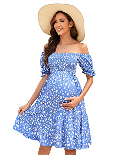 BeautyNee Floral Print Maternity Dress Short Puff Sleeve Square Neck Ruffle  Hem Casual A-line Summer Dresses Blue Print S at Amazon Women's Clothing  store