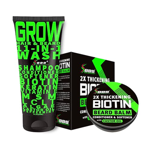 Image of Biotin Beard Balm + 11-in-1 Beard & Hair Growth Shampoo - Kit with Castor Oil, Peppermint & Keratin - 2X Thickening Balm, Mustache Wax & Conditioner - Hydrates, Thickens & Softens