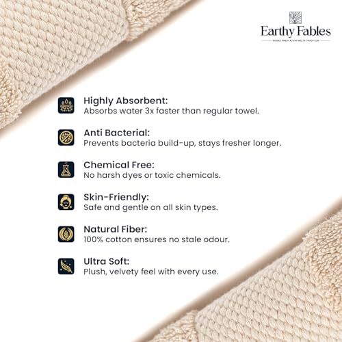 Image of Earthy Fables Premium Bath Towel - 100% Combed Cotton, 600 GSM, Ultra Soft, Quick Dry and Highly Absorbent for Home, Travel and Acne-Prone Skin, 140 x 70 cm, Beige
