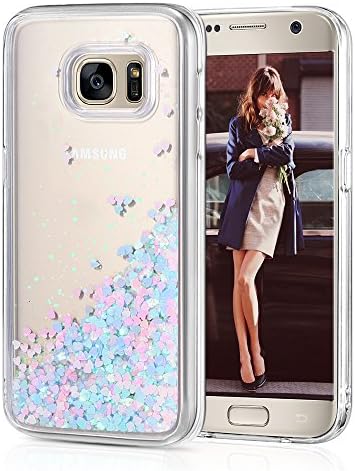 Galaxy S7 Edge Case, Wuloo Samsung Galaxy S7 Edge Soft TPU Case Fashion Creative Design Flowing Liquid Floating Luxury Bling Glitter Sparkle Love Heart Case Cover for Girls Children (PinkBlue)
