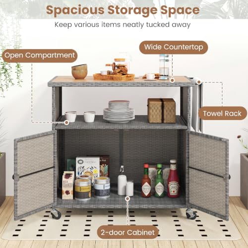 Image of Tangkula Rattan Outdoor Storage Cabinet with 4 Wheels (Mix Grey)