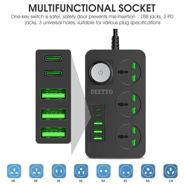 Image of Extension Board, Power Strip with 20W Fast PD /Type C, 2500W 10A Extension Cord with 3 Universal Socket, 38W USB Fast Charging Ports (2 * 20W PD+3*QC 3.0) for Home Office