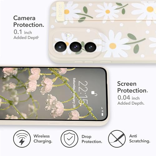 Image of Compatible with Samsung Galaxy S25 FE Case with Strap Wrist | Daisy Floral Shockproof Soft TPU Protective Cover for Women Girls, Slim Anti Scratch Case 6.7 Inch, White