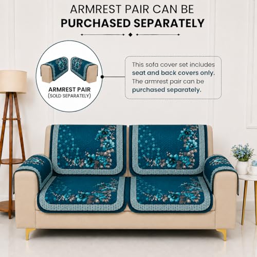 Image of Homerz 'Brooklyn Series' Premium Sofa Cover | Quilted Floral Design | Non-Slip Washable Sofa Protector | Soft Anti Slip Fabric (Teal, 2 Seater, Seat Cover with Backrest)