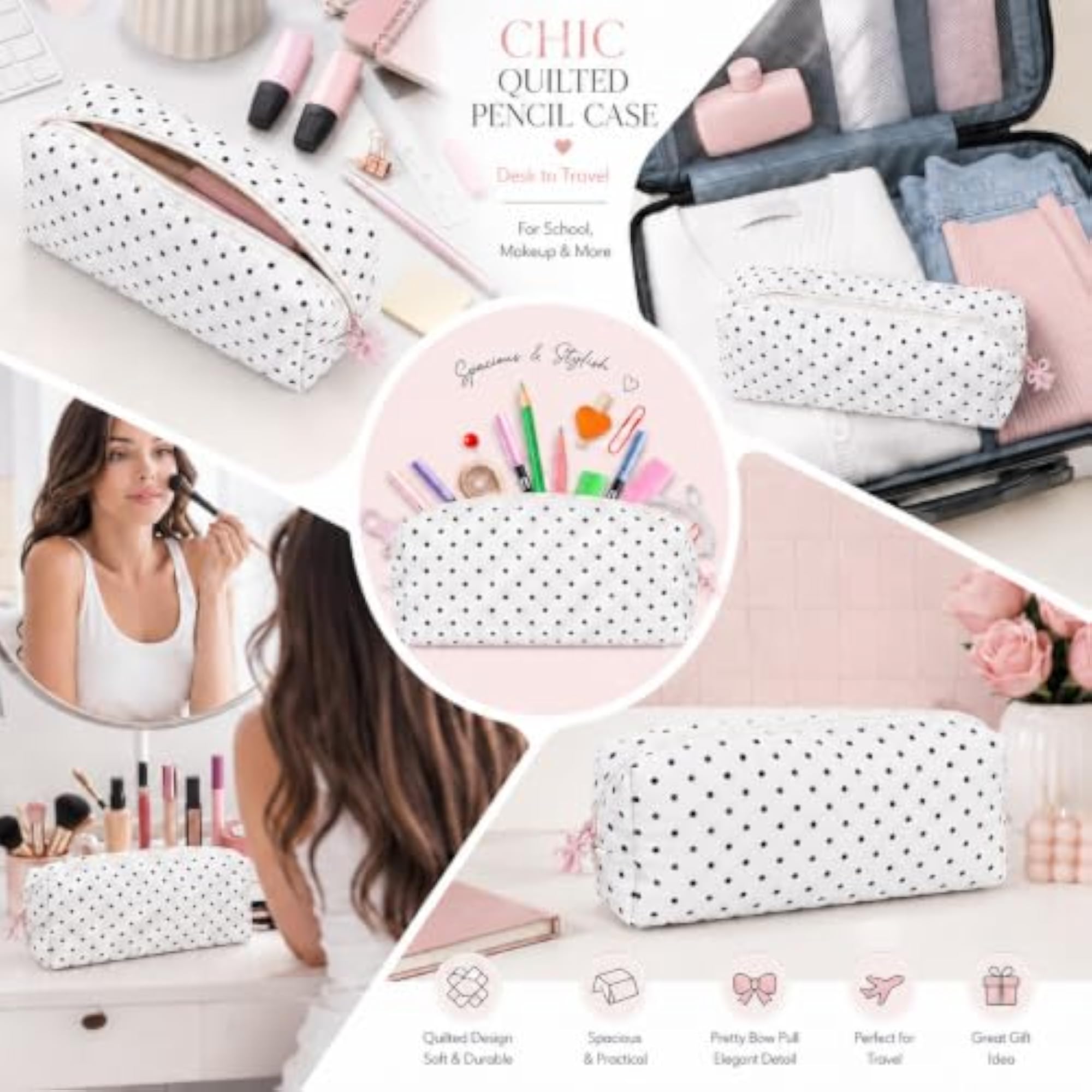 Cute Quilted Pencil Case for Women, Floral Aesthetic Pouch