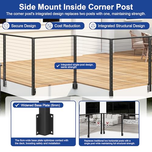 Image of BLIKA 36 inch Side Mount Inside Corner Post, Stainless Steel, 3-Side Drilled Fascia Mount Post for Cable Railing Kit, Black Powder Coated Side Mount Inner Corner Post
