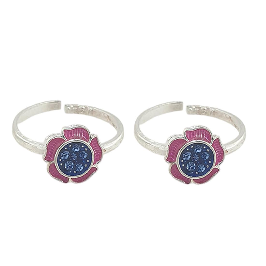 sahiba gems Pure Silver/Chandi Designer Meen Work Flower Toe Rings/Chutki For Women ~ Pack in 2 Pieces (Chandi Bichhiya) ~ Pink & Blue Zircon-picture-47