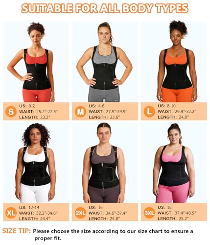 FUXERT Sauna Vest for Women Sweat Waist Trainer Vest for Belly Fat Sauna Tank Top with Zipper for Gym Exercise(BK L)