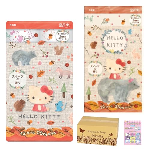 Pikotta ハローキティ トイレットロール 秋限定 再生紙 25m ダブル 12ロール x 2パック (合計24ロール) 丸富製紙 花束 + 限定シール付きふりかけ