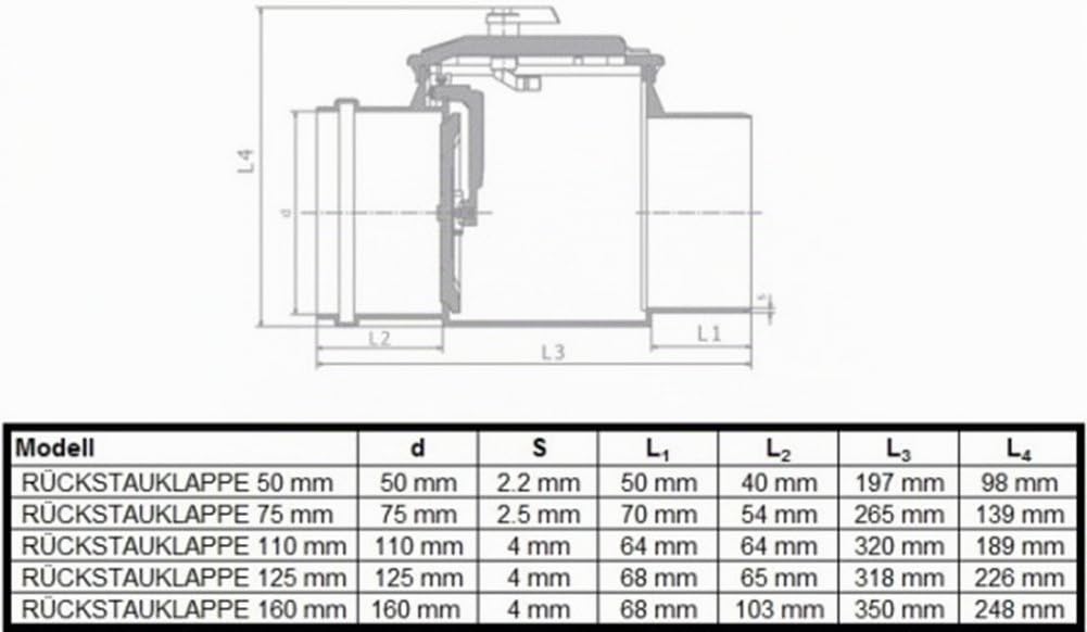 Rückstausicherung-Rückstauverschluss-Rückstauklappe: Ø DN 125 (125 mm), verriegelbare Rückstauklappe mit Edelstahleinlage