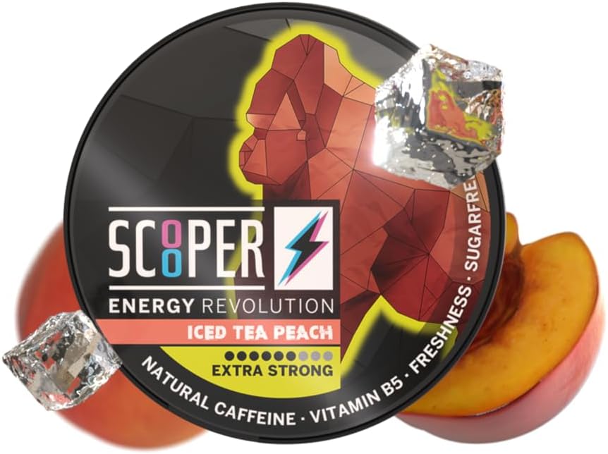 Scooper Energy Iced Tea Peach | Extra Strong 80mg Caffeine | Energy Pouches Sugarfree | 12 Pouches