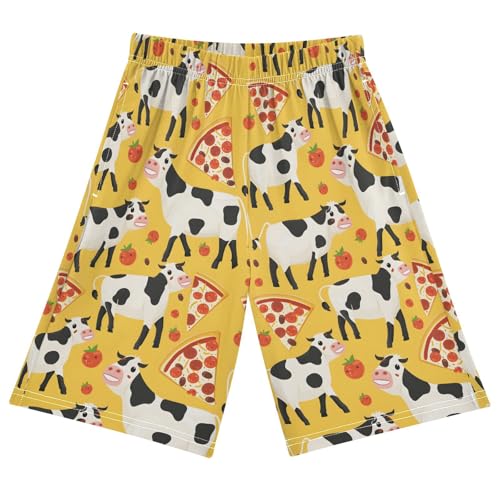 Cow Pizza Sleep Shorts Summer Pajama Shorts Elastic Waist Sleep Bottoms with Pockets 6-14 Years