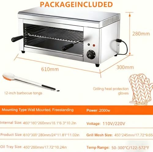 2000W Salamander Grill, Electric Raclette Grill for Melting Cheese, for Wall or Countertop Mounting 50℃-300℃ for Cheese and Meat