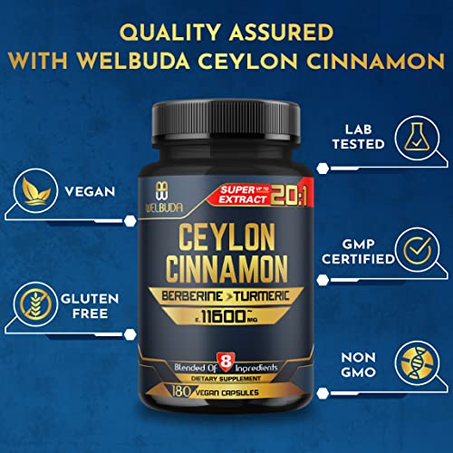 8In1 Ceylon Cinnamon Supplement Extract, Equivalent To 11600Mg - Blended Berberine, Turmeric, Ginger, Gymnema Sylvestre & More - 180 Capsules For 3 Months - Heart Health, Brain & Immune Support #TOP6