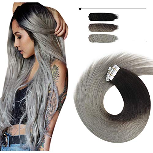 Sunny Tape in Hair Extensions 16 Inch Ombre Black to Grey Color #1B/BlueGrey 100% Remy Hair Extensions Tape in Silky Straight Ombre Hair Extensions for Women 20pcs 50g