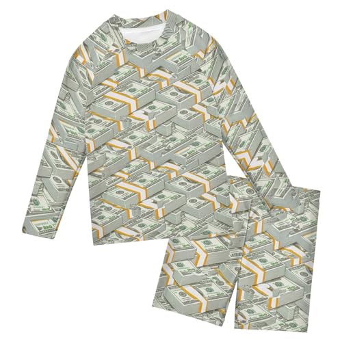 Paper Money Hundred Dollar Bills Boys Rash Guard Swimsuits Set Long Sleeve Swim Shirts Bathing Suits B0405090