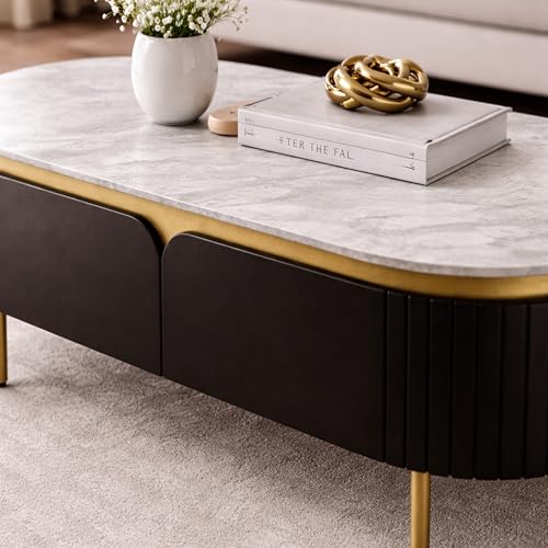 Image of The Attic Carlston Coffee Table for Living Room, Solid Wood Centre Table with Ceramic Top, Black Matte Finish, Oval Shape with Gold Accent