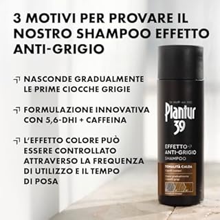 Plantur 39 Effetto Anti-Grigio Shampoo Tonalità Calda - 1 x 200 ml - Shampoo colorante per capelli da castani a scuri - Copre gradualmente i capelli grigi - Aiuta a prevenire al caduta ereditaria