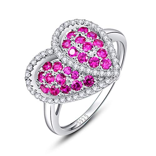 925 Sterling Silver Rings for Women, Heart Engagement Ring, Simulated Ruby Spinel Cluster Statement Wedding Band Promise Ring for Her