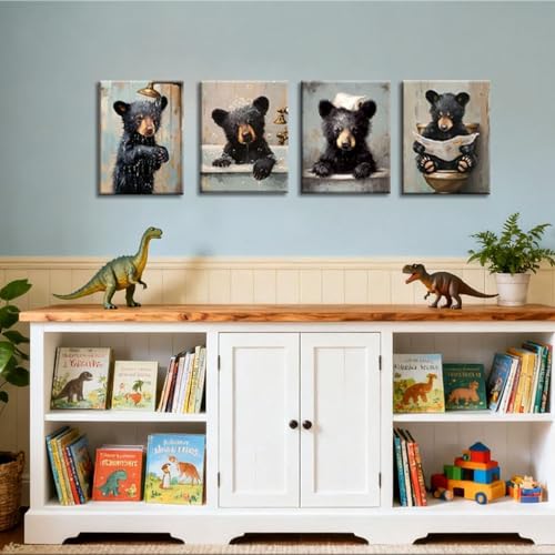 Image of Frimeeme Framed Funny Bear Bathroom Canvas Wall Art, Set 4, 8x10 Inches