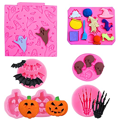KUKIFUN 6Pcs Halloween Silikonformen, Halloween Pralinenform Silikonfondantformen für Kuchendeckel Dekorationswerkzeuge Gummipaste Polymer Clay Form Schädel Kürbis Geist, Hexe Fledermaus Skeletthände Cover