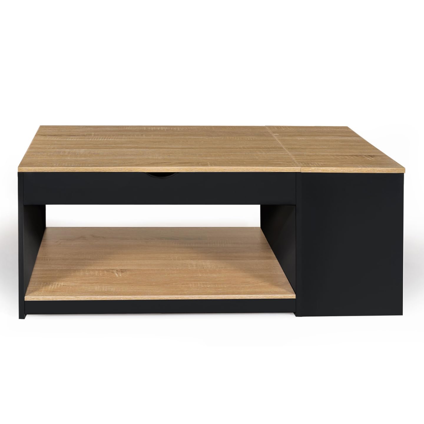 IDMarket - Table Basse Plateau relevable rectangulaire ELEA avec Coffre Bois Noir et façon hêtre