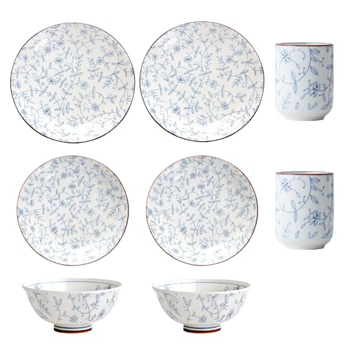 Kithing Juego de vajilla de cerámica de 8 piezas, platos, cuencos y tazas, con platos de postre/sopa/cena, juego de vajilla con patrón floral azul para comedor y restaurante, dos de cada estilo (4 x 2 Kithing Juego de vajilla de cerámica de 8 piezas, platos, cuencos y tazas, con platos de postre/sopa/cena, juego de vajilla con patrón floral azul para comedor y restaurante, dos de cada estilo (4 x 2