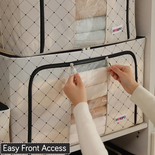 Image of HOKIPO 88L Wardrobe Organiser for Storage of Clothes, 600D Oxford Fabric Storage Box, Ivory Noir Pack of 1 (AR-6487-BLK)